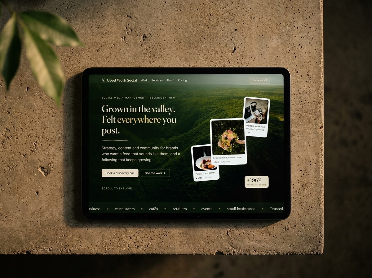 A website built by Studio Clu, shown on a tablet — web design for Urunga
