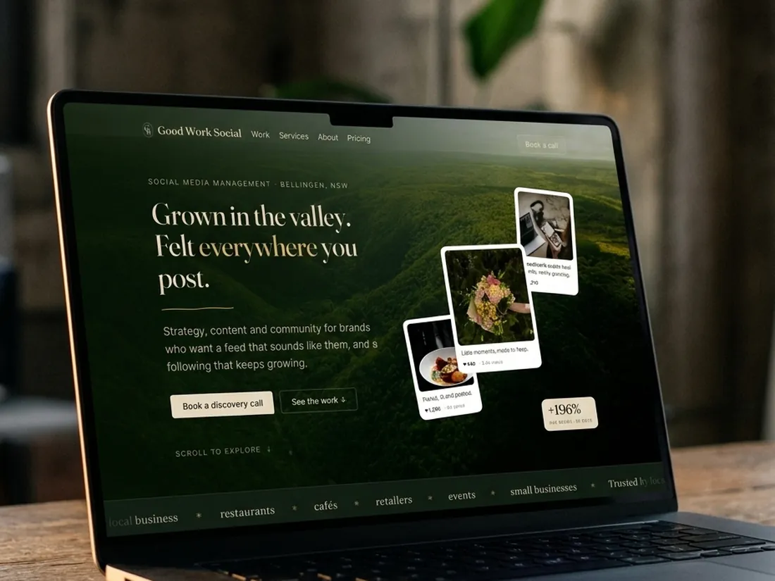 Good Work Social website shown on a laptop, a Bellingen social media studio site by Studio Clu