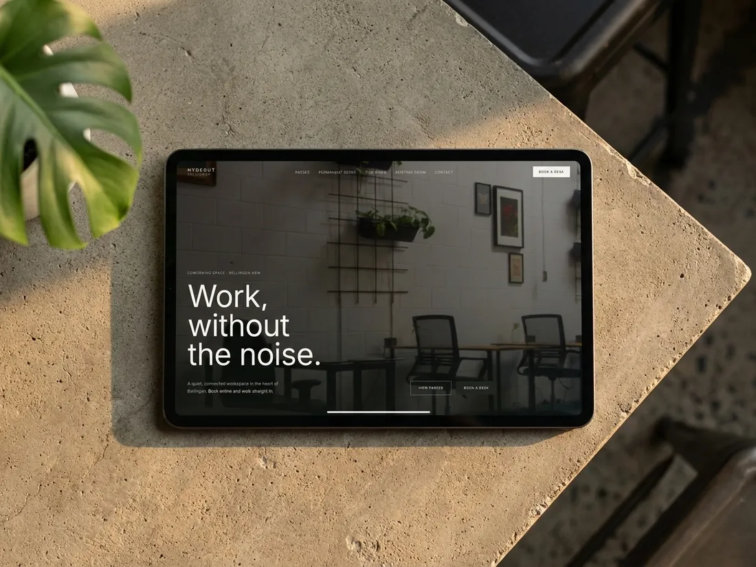 Hydeout Bellingen coworking website on an iPad, a custom booking system site by Studio Clu