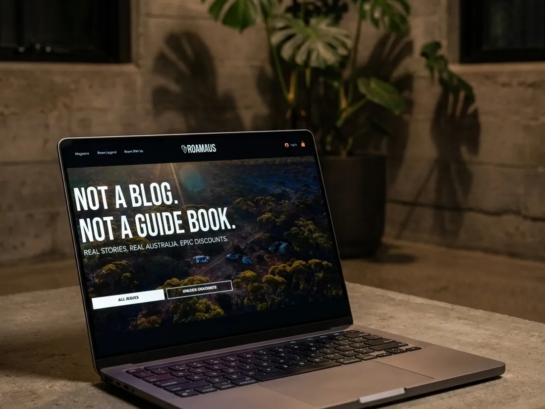 Roam Aus Magazine website on a laptop, an editorial travel site by Studio Clu