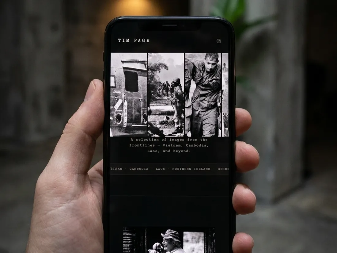 Tim Page photography website on a smartphone, an editorial portfolio built by Studio Clu